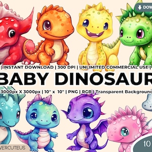 Baby Dinosaur Clipart Bundle, Dinosaur Clipart, Cute Dinosaur PNG, T Rex, Dinosaur Birthday Party Decor, Baby Dinosaurs PNG Bundle