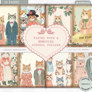 Lot de feuilles de collage pour carnet de voyage Pastel Paws & Memories, chat victorien, chaton, pastel, vintage, papier scrapbooking numérique imprimable