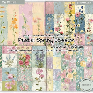 Foglio collage di diario di spazzatura con fiori primaverili pastello, patchwork, fiori di campo, floreale, shabby chic, estate, giardino, carte per scrapbooking, stampabili