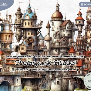 Steampunk Citadel Clipart Set, Palace, Castle, Victorian, Industrial, Bronze, Brass, Digital, Printable, PNG, Scrapbook Junk Journal Craft