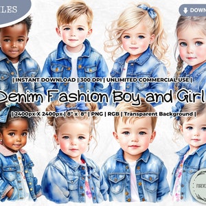 Paquete de imágenes prediseñadas de niño y niña de moda vaquera, pequeño, bebé, lindo, vaquero, afro, sublimación, digital, PNG, álbum de recortes, diario basura, manualidades con papel