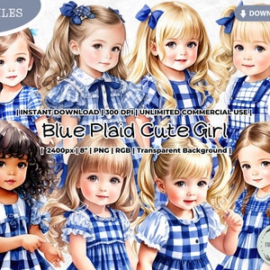 Vestido xadrez azul primavera verão menina clipart, surrado, moda, bebê, infantil, criança pequena, páscoa, patriótico, 4 de julho, dia dos namorados, PNG