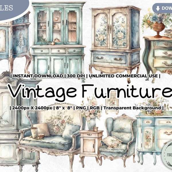 Vintage Furniutre Clipart, Shabby Chic, Romantic, Victorian, Watercolor, PNG Digital for Card Making, Scrapbook, Junk Journal, Paper Crafts