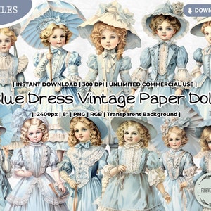 Bundle de cliparts vintage Paper Doll, robe bleue, poupée, mode, victorien, antiquité, numérique, imprimable, PNG, scrapbooking journal indésirable papier artisanat
