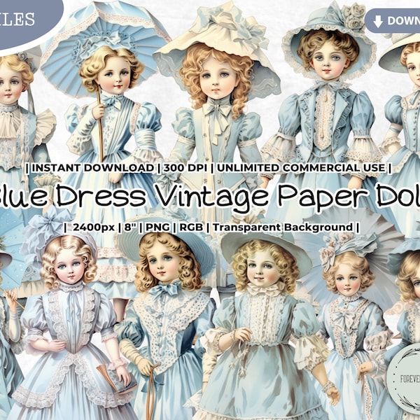 Blue Dress Vintage Paper Doll Clipart Bundle, Doll, Fashion, Victorian, Antique, Digital, Printable, PNG, Scrapbook Junk Journal Paper Craft