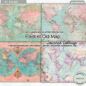 Hoja de collage de diario basura con mapa antiguo en colores pastel, mapa antiguo, papel de fondo, vintage, mapa del mundo, calle antigua, globo terráqueo, kit de diario, álbum de recortes