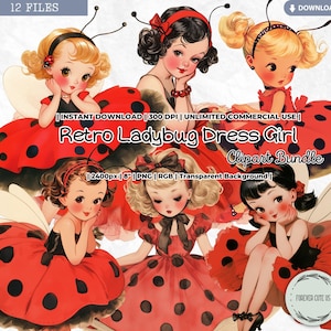 Clipart di ragazza con abito da coccinella retrò, vintage, insetto, scarabeo, fata, estate, Pasqua, moda costume di Halloween, PNG, scrapbooking, diario spazzatura