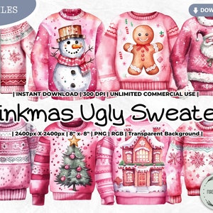 Pink Christmas Ugly Sweater Clipart, Pink Winter, Pink Holidays, Pinkmas, PNG Digital Downloads for Card Scrapbook Junk Journal Crafts