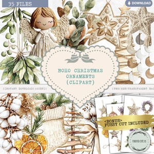 Adornos navideños bohemios, bola de cristal, madera, invierno, festivos, acogedor, estilo cottagecore, natural, flor seca prensada, PNG con cortes delicados