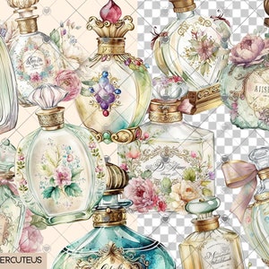 May include: A collection of vintage-style perfume bottles with floral and ornate designs. The bottles are decorated with flowers, ribbons, and gold accents. The bottles are arranged in a cluster on a light background.