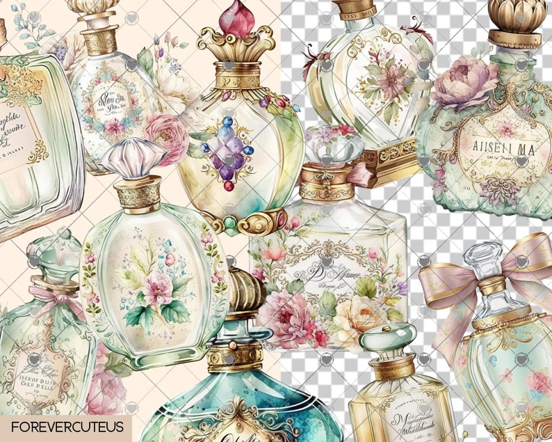 May include: A collection of vintage-style perfume bottles with floral and ornate designs. The bottles are decorated with flowers, ribbons, and gold accents. The bottles are arranged in a cluster on a light background.