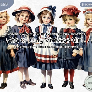 Lot de cliparts fille vintage du 4 juillet, poupée en papier patriotique, rouge blanc bleu, mode, époque victorienne, numérique, imprimable, PNG, journal indésirable