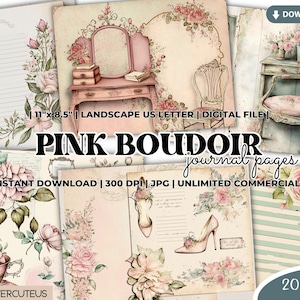Paquete de páginas de diario Boudoir en color rosa, papel digital Shabby Chic imprimible, papel digital Shabby Chic, papel digital Shabby Chic Junk Journal, papel digital Junk Journal