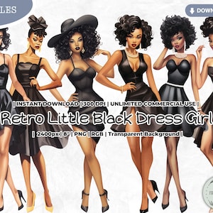 Pacchetto di clipart di ragazza con abito nero retrò, afroamericana, donna d'affari capo, moda, pianificatore, africana, vintage, bambola di carta, PNG