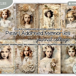 Pearl Adorned Memories Junk Journal Collage Sheet, Little Girl, Victorian, Shabby, Vintage, Rococo, Journal Kit, Scrapbooking, Digital Paper