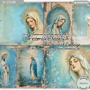 Dromerige Mary Journal collageblad, Mother Mary Junk Journal Kit, katholiek, genade, gebed, dankbaarheid, religieus, afdrukbare digitale papers