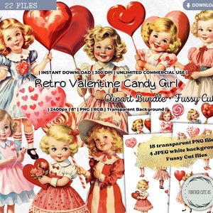 Retro Valentine Candy Girl Clipart Set, Anniversary, Love, Heart, Balloon, Rose, Antique, PNG, Fussy Cut, Scrapbook, Junk Journal Ephemera