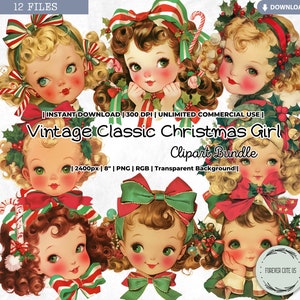 Vintage Classic Weihnachten Mädchen Clipart, Retro kleines Mädchen Puppenkopf, Antik, Niedlich, Bogen, 1940er Jahre, Mode, Papierpuppe, PNG, Scrapbook Journal