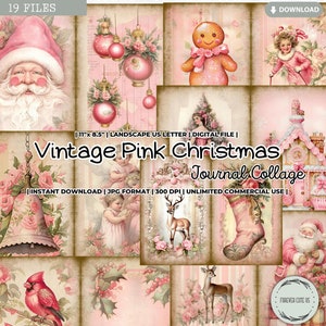 Vintage Pink Christmas Junk Journal Collage Sheet, Winter, Holidays, Shabby Chic, Vintage, Roses, Pastel, Printable Paper, Digital Download