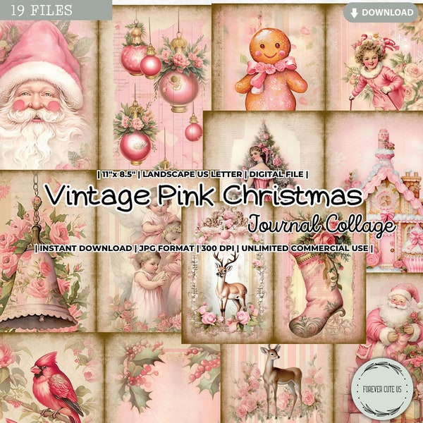 Vintage Pink Christmas Junk Journal Collage Sheet, Winter, Holidays, Shabby Chic, Vintage, Roses, Pastel, Printable Paper, Digital Download