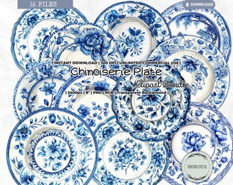 Chinoiserie Plate Watercolor Clipart, Vintage, Dinnerware, Tea Party, Blue White, Ming Dynasty, Orientalism, Floral, Chinese Porcelain, PNG