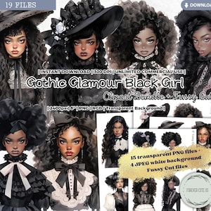 Conjunto de imágenes prediseñadas de chica negra con glamour gótico, oscura, chica gótica, vintage, afroamericana, muñeca, moda, victoriana, imprimible, álbum de recortes PNG con corte delicado