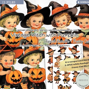 Vintage Witch with Pumpkin Clipart Bundle, Retro, Doll, Fashion, Victorian, Printable, PNG, Scrapbooking, Fussy Cut, Junk Journal, Ephemera