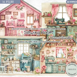 Clipartbundel naaikamer, retro, vintage, shabby chic, she Shed, Happy Place, hobby's, nostalgisch, digitaal, png, scrapbooking, junkjournal