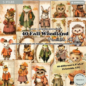 40 ATC forestiers d'automne, animal, forêt, renard, ours, hibou, écureuil, lapin, hérisson, scrapbooking, carte, rétro, éphémère numérique, automne minable