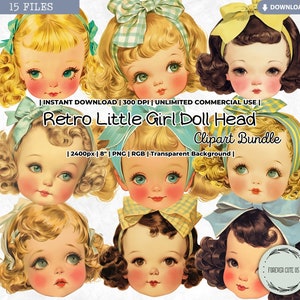 Clipart tête de poupée rétro petite fille, vintage, Antiquités, mignon, noeud, années 40, mode, poupée en papier, PNG, album éphémères imprimables pour scrapbooking