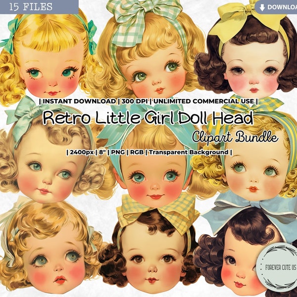 Retro Little Girl Doll Head Clipart, Vintage, Antique, Cute, Bow, 1940s, Fashion, Paper Doll, PNG, Scrapbook Junk Journal Printable Ephemera