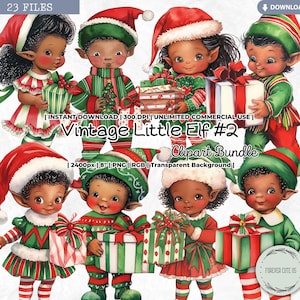 Vintage kleiner Elf Clipart-Set, schwarzer Junge, Mädchen, Afro, Afroamerikaner, Traditionelle Weihnachten, Urlaub, Geschenk, PNG Karte Scrapbook Journal