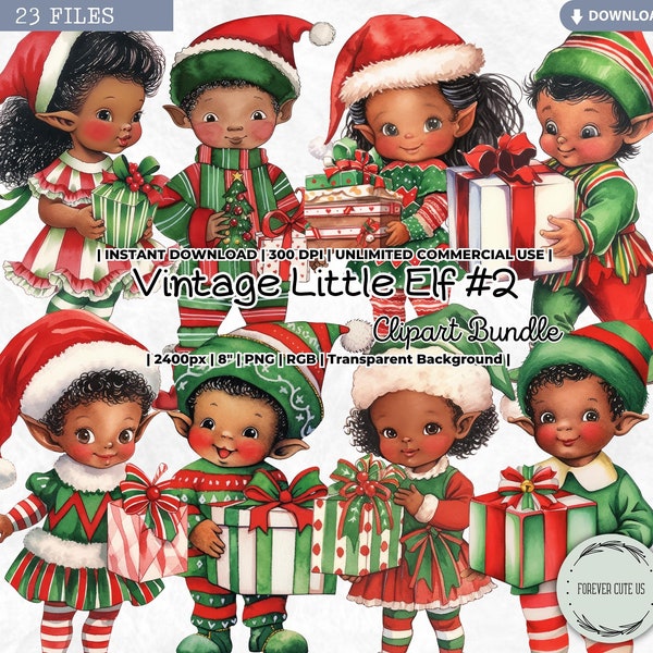 Vintage Little Elf Clipart Set, Black Boy, Girl, Afro, African American, Traditional Christmas, Holidays, Gift, PNG Card Scrapbook Journal