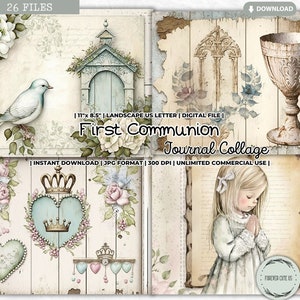 Eerste communie dagboek collageblad, moeder Maria, Maagd Maria, junk Journal Kit, kruis, katholiek, gebed, kerk, religieus, afdrukbaar