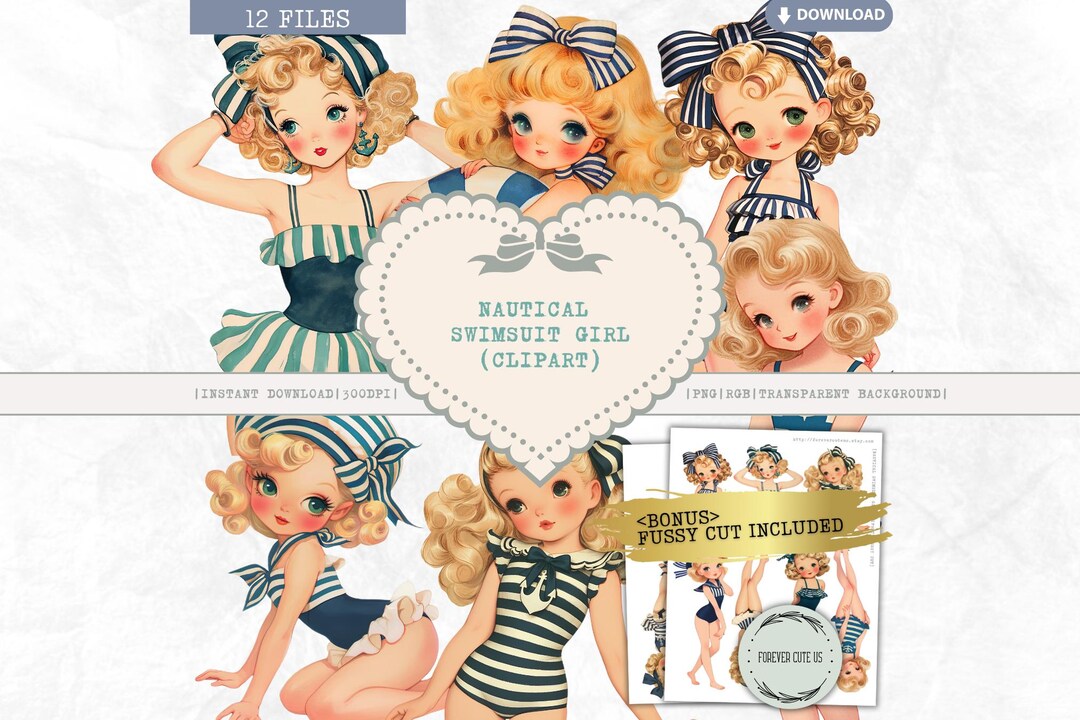 Nautical Swimsuit Girl Clipart, Retro Beach Girl, Summer, Coastal, Pool ...