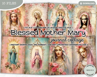 Blessed Mother Mary Junk Journal Collage Sheet, Catholic, Grace, Prayer, Gratitude, Religious, Get Well, Shabby Chic, Pastel, Digital Papers