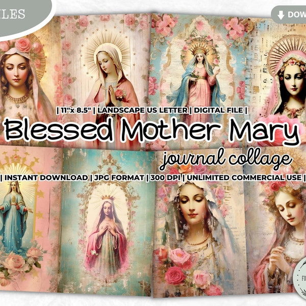 Blessed Mother Mary Junk Journal Collage Sheet, Catholic, Grace, Prayer, Gratitude, Religious, Get Well, Shabby Chic, Pastel, Digital Papers