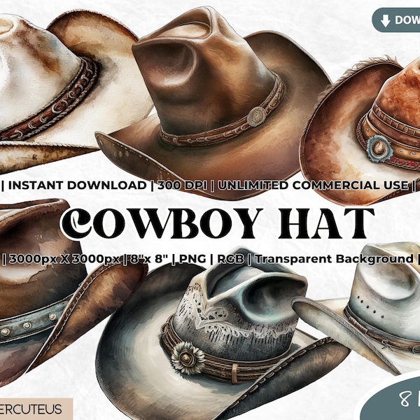 Cowboy Hat Clipart, Watercolor Cowboy Hat, Western Life, Wild Western PNG, Sublimation, Card Making, Scrapbook, Junk Journal, Paper Crafts,