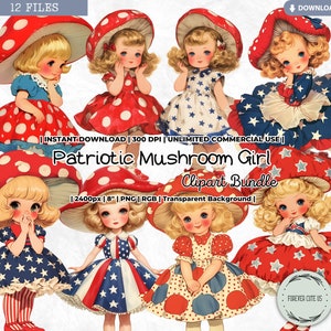 Clipart patriotique de fille champignon, rétro, vintage, 4 juillet champignon vénéneux, petite fille, étoile, poupée, imprimable, PNG Scrapbooking Junk Journal Craft