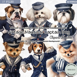 Clipart di cane capitano nautico d'epoca, retrò, vittoriano, cucciolo, marinaio, oceano, spiaggia, ancora, estate, patriottico, PNG, scrapbook junk journal