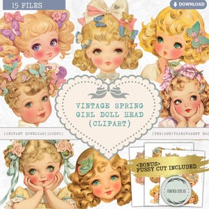 Vintage Spring Girl Doll Head Clipart, Retro Little Girl, Butterflies, Easter, Spring, Summer, Antique, Cute, 1940s, Fashion Paper Doll, PNG