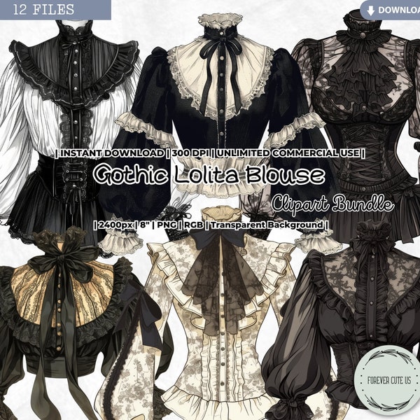 Gothic Lolita Blouse Clipart Set, Fashion, Retro Black Lace, Girl, Vintage, Dark Goth, Kawaii, Doll, Victorian, PNG Scrapbook Junk Journal