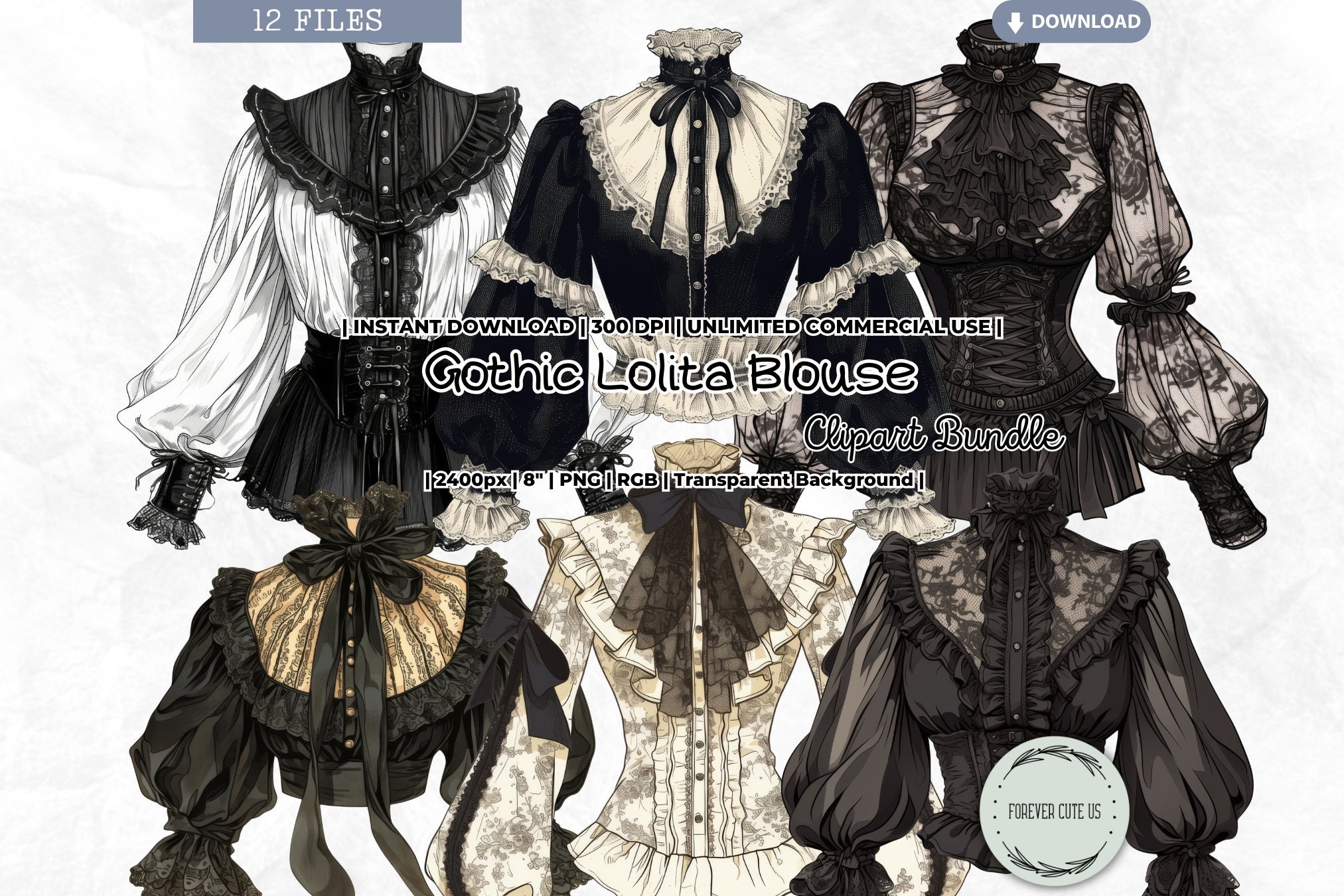 Gothic Lolita Blouse Clipart Set, Fashion, Retro Black Lace, Girl