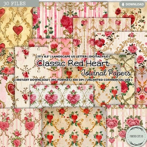 Klassisch rotes Herz Journal, Collage Seite, Vintage, Viktorianisch, Rosen, Liebe, verträumt, Rokoko, nostalgisch, Valentine, Scrapbook, Printable