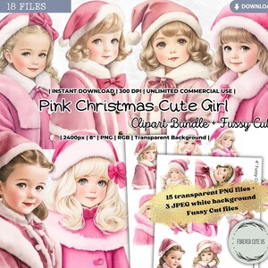Rosa Mädchen Weihnachten Clipart, Winter, Urlaub, Pinkmas, Kawaii, kleines Mädchen, Retro, Pingeliger Schnitt, PNG Karte Scrapbook Junk Journal Crafts