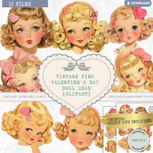 Vintage Pink Valentine&#39;s Day Doll Head Clipart, Retro, Antique, Cute, Heart, Bow, Love, Wedding, 1940s, Fashion, Paper Doll, PNG, Fussy Cut