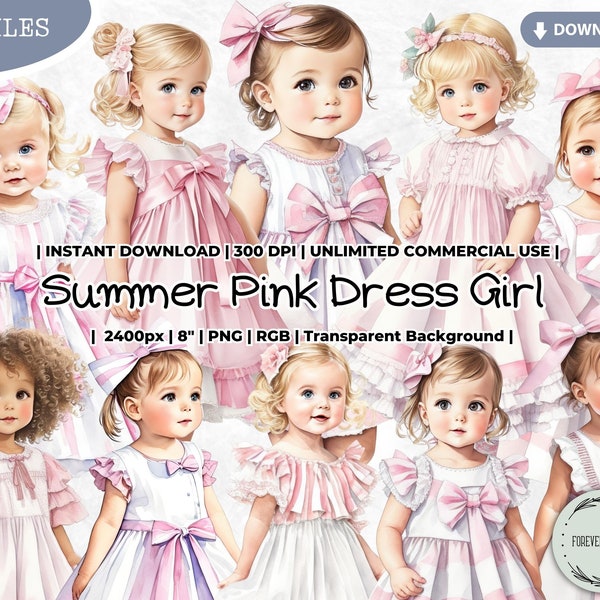 Spring Easter Summer Pink Dress Girl Clipart, Shabby, Fashion, Baby, Infant, Toddler, Digital, Printable, PNG, Scrapbook Junk Journal Craft