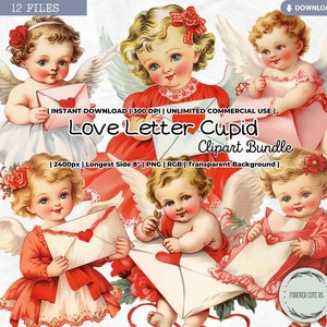 Lettre d'amour Cupidon Clipart, Saint-Valentin, mariage, anniversaire, amour, coeur, antiquité, vintage, rétro, chérubin, romantique, baiser, XOXO, mignon