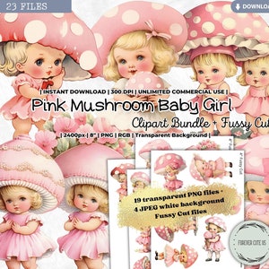 Pink Mushroom Baby Girl Clipart Set, Pastel, Whimsical, Toadstool, Little, Doll, Printable, PNG Scrapbook, Fussy Cut, Junk Journal Craft