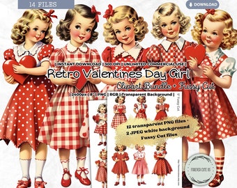 May include: A set of 14 digital clipart images featuring four retro Valentine's Day girls in red and white dresses holding red hearts. The images are 2400 pixels wide and 8 inches tall. The images are in PNG format with a transparent background and include 12 transparent PNG files, 2 JPEG white background files, and 5 fussy cut files.
